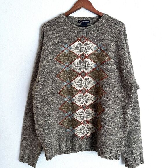 Faconnable Men’s Vintage Argyle Knit Sweater Size XL Grey